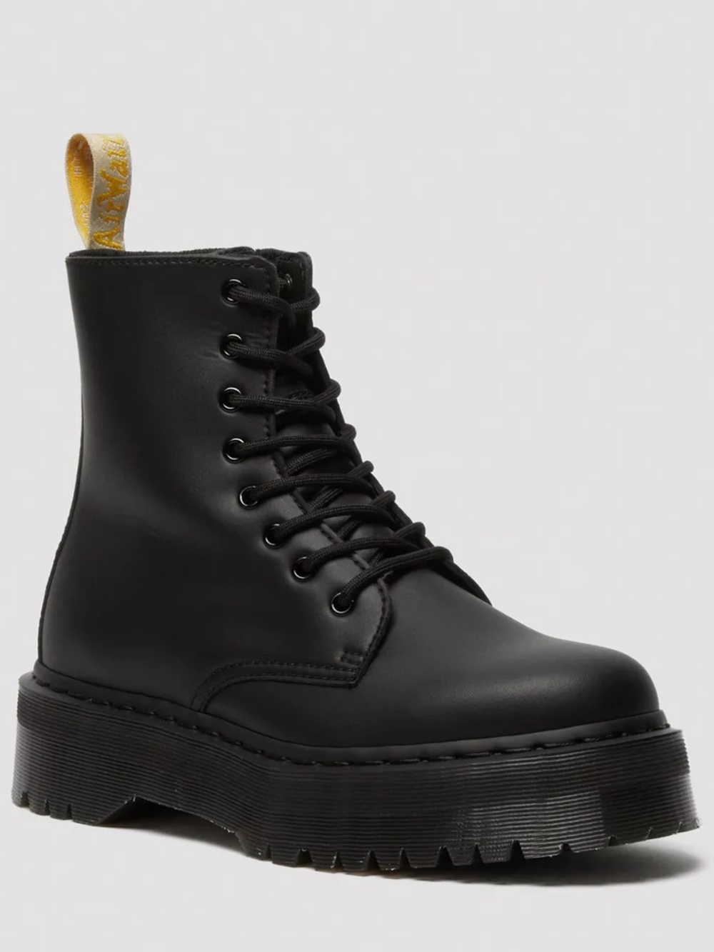 Dr. Martens Black Vegan Lace-Up Platform Boot with Yellow Heel Loop